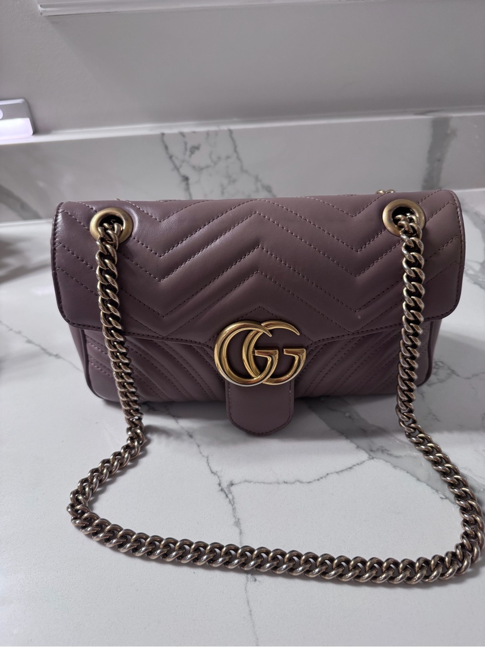 Gucci Matelassé Small Shoulder Bag in Mauve Purple with Gold Hardware